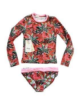 Maaji Pink Tropical Palm Print Long-Sleeve Rash Guard Set 8/12
